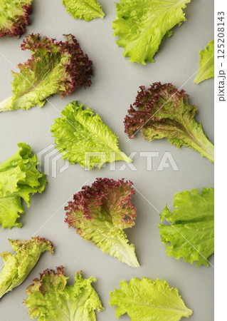 Fresh red lettuce leaves on grey background. Vertical photo 125208143
