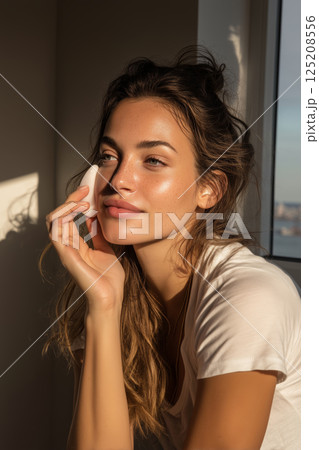 Morning skincare ritual featuring gua sha and SPF in sunny indoor setting Morning skincare ritual featuring gua sha and SPF in sunny indoor setting 125208556