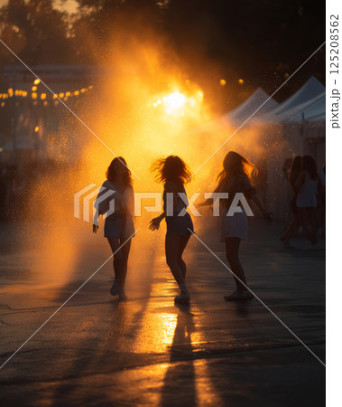 Friends enjoying a joyful water mist spray at sunset in a park 125208562