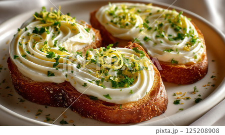Delightful culinary art featuring toasted bread with creamy topping and herbs 125208908