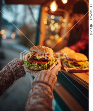 Woman reaching for delicious burger at vibrant food truck during evening 125208915