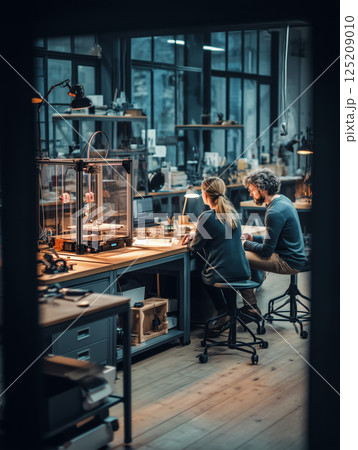 Engineers collaborate in laboratory workspace focused on innovative design 125209010