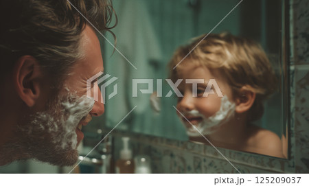 Man and boy share a playful shaving moment in the bathroom Man and boy share a playful shaving moment in the bathroom 125209037