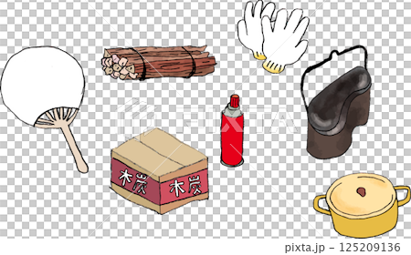 キャンプのBBQ道具　手描き 125209136