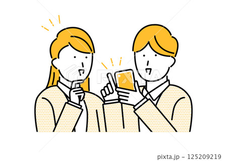 スマホの画面を一緒に眺める若い男女のイラスト スマホの画面を一緒に眺める若い男女のイラスト 125209219