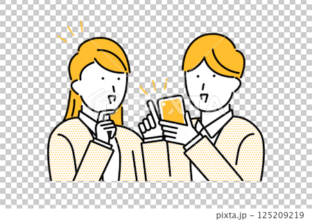 スマホの画面を一緒に眺める若い男女のイラスト スマホの画面を一緒に眺める若い男女のイラスト 125209219