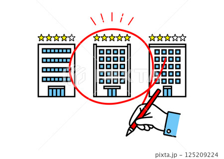 5つ星評価で満点の優良企業に赤丸をつけるビジネスマンの手のイラスト 125209224