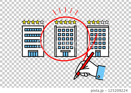5つ星評価で満点の優良企業に赤丸をつけるビジネスマンの手のイラスト 125209224