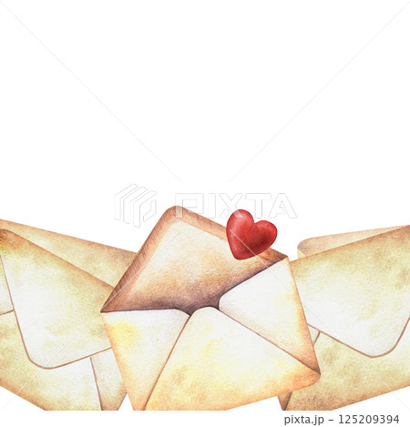 Vintage letters with red heart square frame border. Romantic hand-painted watercolor template with old envelopes. Perfect for retro stationery designs, spring floral postcard, botanical card, decor. Vintage letters with red heart square frame border. Romantic hand-painted watercolor template with old envelopes. Perfect for retro stationery designs, spring floral postcard, botanical card, decor. 125209394