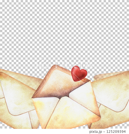 Vintage letters with red heart square frame border. Romantic hand-painted watercolor template with old envelopes. Perfect for retro stationery designs, spring floral postcard, botanical card, decor. Vintage letters with red heart square frame border. Romantic hand-painted watercolor template with old envelopes. Perfect for retro stationery designs, spring floral postcard, botanical card, decor. 125209394