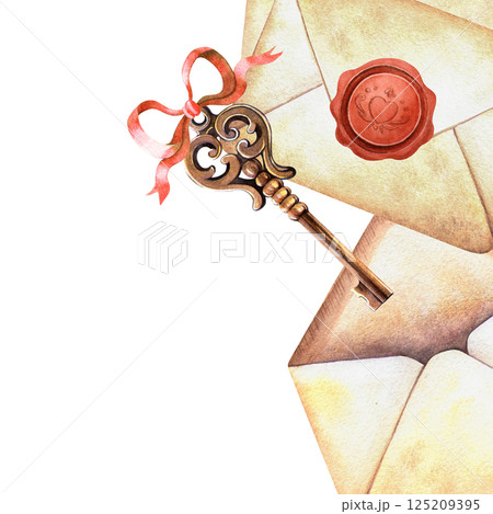 Vintage letters with old key with red bow square frame. Hand-painted watercolor template with envelopes. Perfect for romantic, retro stationery designs, spring floral postcard, botanical card, decor. Vintage letters with old key with red bow square frame. Hand-painted watercolor template with envelopes. Perfect for romantic, retro stationery designs, spring floral postcard, botanical card, decor. 125209395