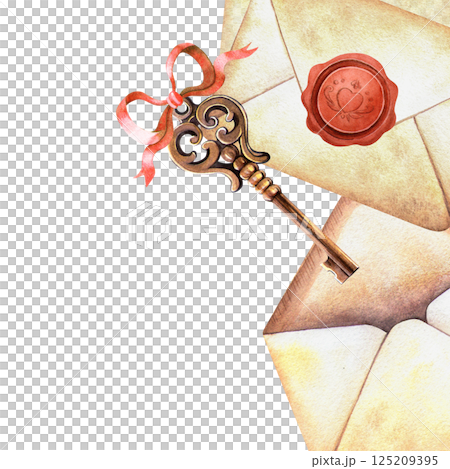 Vintage letters with old key with red bow square frame. Hand-painted watercolor template with envelopes. Perfect for romantic, retro stationery designs, spring floral postcard, botanical card, decor. Vintage letters with old key with red bow square frame. Hand-painted watercolor template with envelopes. Perfect for romantic, retro stationery designs, spring floral postcard, botanical card, decor. 125209395