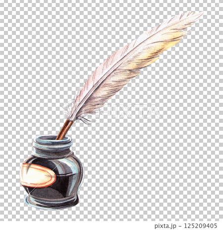 Antique inkwell and vintage quill. Hand drawn watercolor illustration of retro stationary. Perfect for historical, literary or romantic arrangement, poetry sign, symbol, elegant postcard, pattern Antique inkwell and vintage quill. Hand drawn watercolor illustration of retro stationary. Perfect for historical, literary or romantic arrangement, poetry sign, symbol, elegant postcard, pattern 125209405