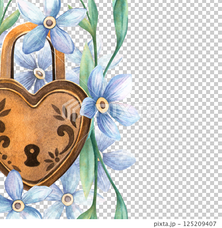 Square frame heart-lock with forget-me-nots. Floral vintage watercolor template of padlock and myosotis flowers. Perfect for wedding invitation, romantic postcard, love Valentine's day or spring decor 125209407