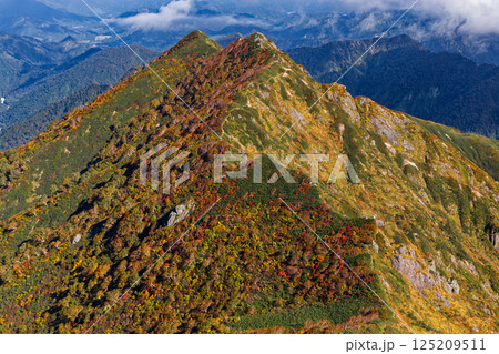 飯豊連峰・ダイグラ尾根から見る紅葉の宝珠山 125209511