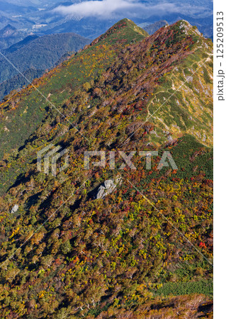 飯豊連峰・ダイグラ尾根から見る紅葉の宝珠山 125209513
