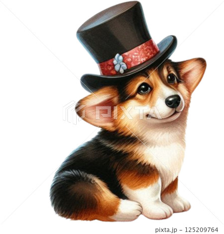 a cute corgi wearing a top hat 125209764