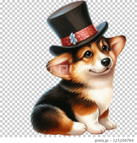 a cute corgi wearing a top hat 125209764
