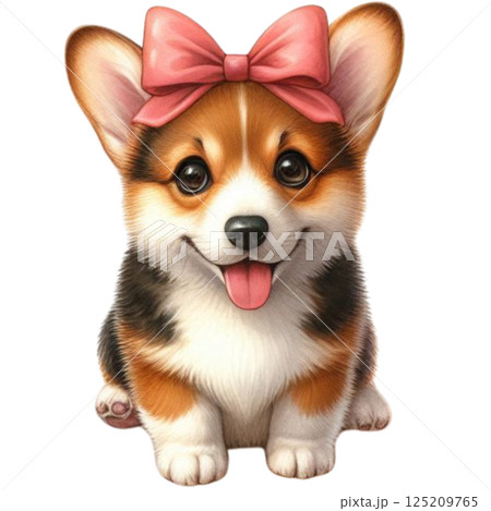 a cute corgi puppy with a pink bow on its head 125209765