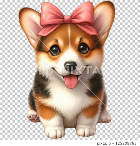 a cute corgi puppy with a pink bow on its head 125209765