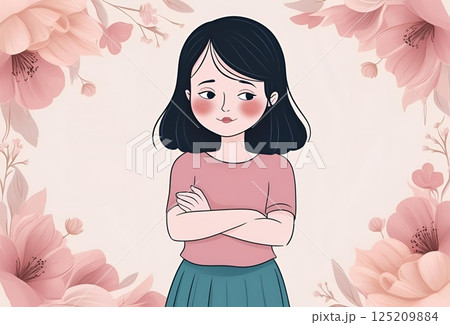花の背景に恥じらう表情の女性のイラスト 125209884