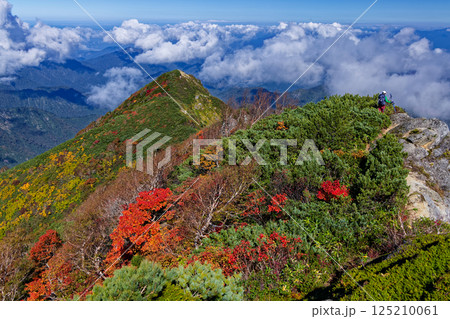 秋色のダイグラ尾根を行く登山者と宝珠山 125210061