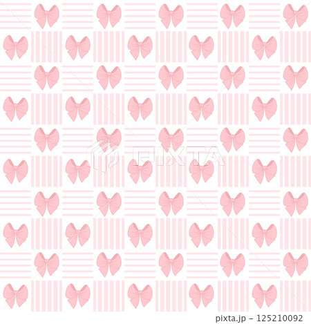 Vintage Coquette aesthetic pink ribbon bow in frame seamless pattern. Trendy flirty patterned backdrop template. Vector illustration. Tartan check for textile, wallpaper, romantic design and decor 125210092