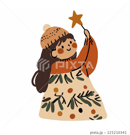 Cozy winter illustration of girl with star wand in festive outfit 125210341