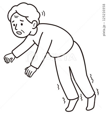 すくみ足で足が出ず体勢を崩して転倒しそうになるおばあさんのモノクロ線画ベクターイラスト すくみ足で足が出ず体勢を崩して転倒しそうになるおばあさんのモノクロ線画ベクターイラスト 125210358