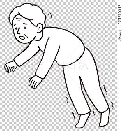 すくみ足で足が出ず体勢を崩して転倒しそうになるおばあさんのモノクロ線画ベクターイラスト すくみ足で足が出ず体勢を崩して転倒しそうになるおばあさんのモノクロ線画ベクターイラスト 125210358