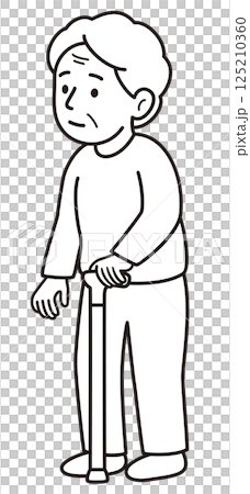 左手で杖をついている左利きのおばあさんのモノクロ線画ベクターイラスト 125210360