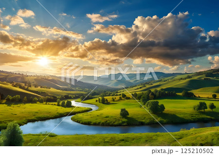 beautiful sunset in mountains 125210502