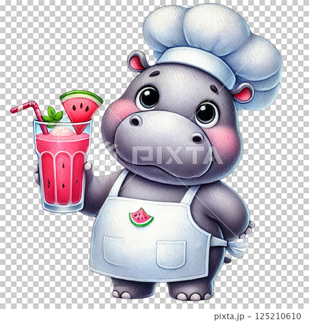 Cute cartoon hippo chef holding a refreshing watermelon drink. 125210610