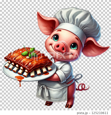 Cute cartoon pig chef proudly serving delicious barbecue ribs. 125210611