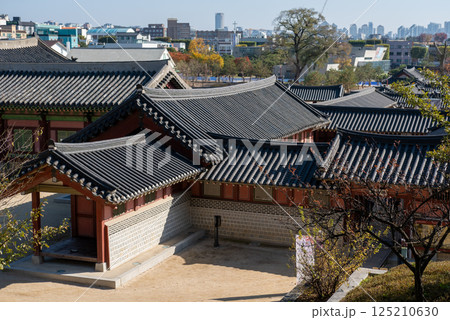 View of Traditional Korean Roof from above of Hwaseong Haenggung, temporary palace where the king used to stay when he traveled outside of Seoul, South Korea. It is famous as K-drama filming location. 125210630
