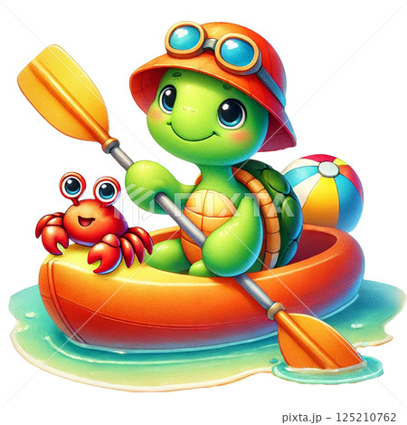 A cheerful turtle kayaking with a crab in a colorful boat. 125210762