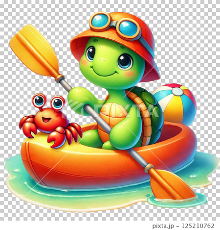 A cheerful turtle kayaking with a crab in a colorful boat. 125210762