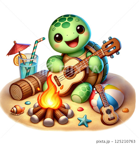 A cheerful turtle playing guitar by a beach campfire. 125210763