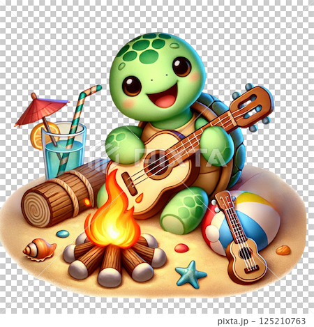 A cheerful turtle playing guitar by a beach campfire. 125210763
