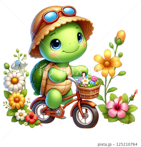 A cheerful turtle rides a bicycle surrounded by vibrant flowers. 125210764