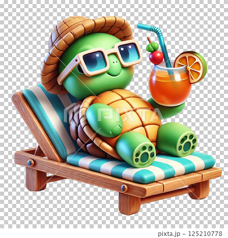 A cute turtle relaxing on a deck chair with a fruity drink. 125210778