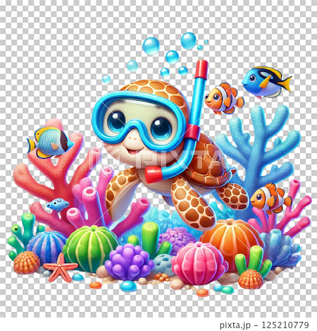 A cute turtle snorkeling among colorful corals and fish. A cute turtle snorkeling among colorful corals and fish. 125210779