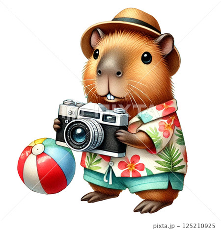 A cheerful guinea pig capturing summer memories with a camera. 125210925
