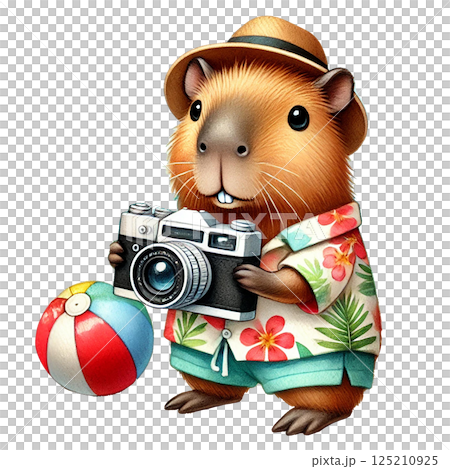 A cheerful guinea pig capturing summer memories with a camera. 125210925