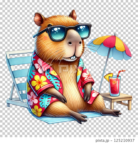 A relaxed capybara wearing sunglasses on a beach chair. 125210937