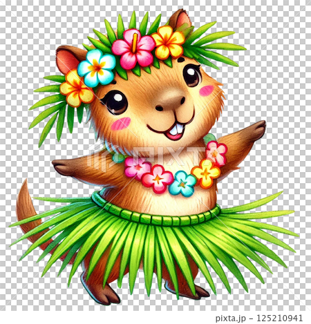 Cheerful animal in a hula skirt dancing with flowers and joy. 125210941