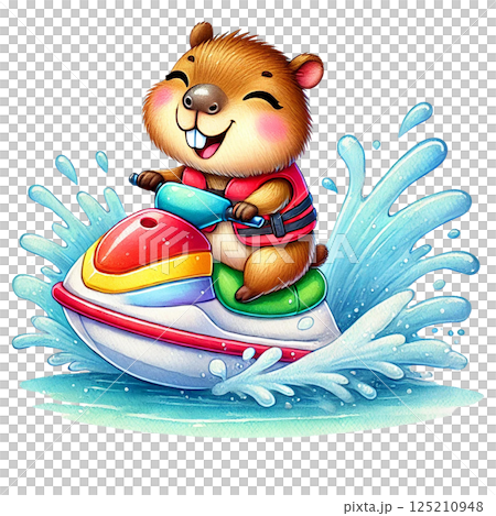 Cute cartoon animal joyfully riding a jet ski on water waves. 125210948
