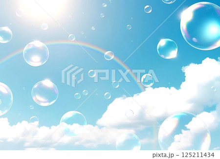 太陽がまぶしい青空に虹とシャボン玉の背景イラスト 125211434