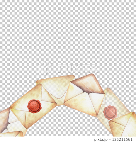 Vintage mail with retro envelopes square frame with template. Hand-painted watercolor arrangement with old letters. Perfect for stationery design, literature, poetry themes, vintage postcard, decor 125211561