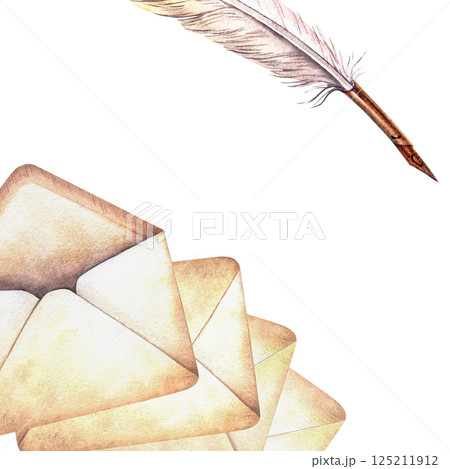 Vintage quill pen and letters template. Square watercolor frame with retro envelopes and ink pen. Hand drawn art perfect for poetic, literature, historical arrangement, cards, flyers and invitations 125211912